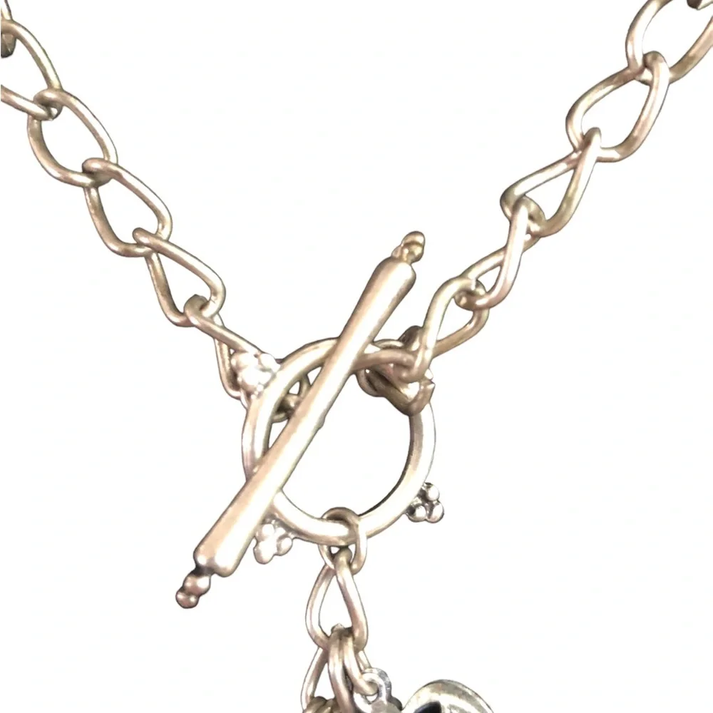 Dangle Romantic Goth Charms Toggle Silver Tone Hearts Y2K Necklace Choker - Picture 3 of 6